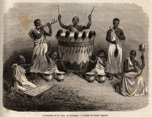 कोर्ट ऑर्केस्ट्रा, कराग में (लेक विक्टोरिया के पश्चिम, वर्तमान में जिम्बाब्वे), एमिल बायर्ड (1837-1891) द्वारा चित्रित, कैप्टन स्पीके की 1860 से 1863 तक अफ्रीका में खोज की यात्रा को दर्शाता है। "" ले टूर डू मोंडे में उत्कीर्णन "", एडौर् द्वारा एमिल एंटोनी बेयर्ड