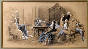 लेखक अलेक्जेंड्रे डुमास जूनियर (1824-1895) ने अपने कामों को पढ़ते हुए चीनी स्याही धोने वाले गौचे को एमिल बायर्ड (1837-1891) 19 वीं सदी के विलर्स कॉटरेट द्वारा बढ़ाया। अलेक्जेंड्रे डुमास संग्रहालय द्वारा एमिल एंटोनी बेयर्ड