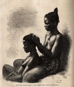 ग्रैंड-बासम (ग्रैंड बासम) (आइवरी कोस्ट की पूर्व राजधानी) की युवा लड़कियां, खुद को स्टाइल करते हुए, एमिल बेयर्ड के चित्र के बाद उत्कीर्ण, वाइस एडमिरल फ्लेरियट डी लैंगल्स द्वारा 1868 में अफ्रीकी तट की यात्रा का चित्रण, "ले" में प्रकाशित टूर डू एम द्वारा एमिल एंटोनी बेयर्ड