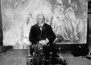 पॉल सेज़ेन (1839-1906) 1904 में अपने एक कैनवास के सामने तैराकों को दिखाते हुए फ्रांसीसी चित्रकार (बी / डब्ल्यू फोटो)