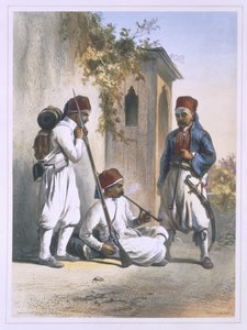 निज़ामियार, कांका में तुर्की सेना के नियमित सैनिकों, &39;द वैली ऑफ द नाइल&39; से चित्रण, मोइलर, पब द्वारा उकेरा गया है। लेमरसीर द्वारा, 1848 द्वारा एमिल प्रिसे डी'वेनस