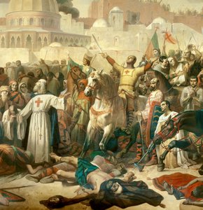 का विवरण: पहला धर्मयुद्ध: "" 15/07/1099 को क्रॉसिंग द्वारा यरूशलेम पर कब्जा"" गोडेफ्रॉय डी बौइलन पीटर द हर्मिट (या हर्मिट) की उपस्थिति में भगवान को अनुग्रह देते हुए