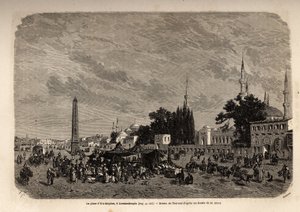 1862 की तुर्की महिलाओं पर एफ. जेरूसालेमी द्वारा किए गए अध्ययन को स्पष्ट करने के लिए थेरोंड द्वारा चित्रित एट मेडन, कॉन्स्टेंटिनोपल (वर्तमान में इस्तांबुल, तुर्की) का वर्ग। एडौर्ड चार्टन द्वारा संपादित "" ले टूर डू मोंडे "" में उत्कीर्णन