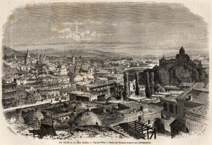 मिस्टर मोयनेट की 1858 की काला सागर और कैस्पियन सागर की यात्रा को चित्रित करने के लिए थेरोंड द्वारा चित्रित तिफ्लिस (या त्बिलिसी) का दृश्य। "" ले टूर डू मोंडे, नोव्यू जर्नल डेस वॉयेजेस "" पेरिस में उत्कीर्णन