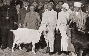 महात्मा गांधी 1931 में अपने शिष्य, मेडेलीन स्लेड और अपनी दो बकरियों के साथ लंदन, इंग्लैंड पहुंचे, द स्टोरी ऑफ़ ट्वेंटी फाइव इयर्स से, 1935 में द्वारा अंग्रेजी फोटोग्राफर