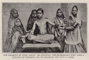 पिथी मालनी का समारोह, या हल्दी के मिश्रण के साथ ब्राइडग्रूम बॉबी का अभिषेक, जैसमीन का तेल, और ओटो का गुलाब द्वारा अंग्रेजी फोटोग्राफर