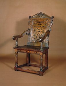 एक चार्ल्स I आर्मचेयर, मिड 1600s (मार्कीट इनले के साथ ओक) द्वारा अंग्रेजी स्कूल