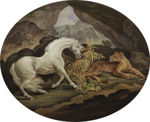 जॉर्ज स्टब्स (1724-1806) (तामचीनी पट्टिका) के बाद एक शेर द्वारा भयभीत एक घोड़ा