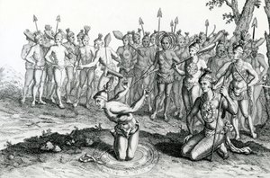 फ्लोरिडा का एक राजा युद्ध में जाने से पहले अपने जादूगर से परामर्श करता है, जो मूरेस वॉयज एंड ट्रैवल्स, 1778 से लिया गया चित्रण है द्वारा अंग्रेजी स्कूल