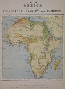 डेविड लिविंगस्टोन की यात्रा (1813-73), हेनरी मॉर्टन स्टेनली (1841-1904) और वर्ने लवेट कैमरन (1844-94) की यात्रा का चित्रण करने के लिए अफ्रीका का एक नक्शा