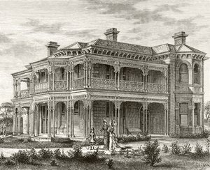मेलबर्न उपनगरीय घर, c.1880, हावर्ड विलोबी द्वारा &39;ऑस्ट्रेलियन पिक्चर्स&39; से, धार्मिक ट्रैक्ट सोसायटी, लंदन, 1886 द्वारा प्रकाशित द्वारा अंग्रेजी स्कूल