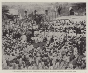 भारत के काठियावाड़ प्रांत में पाटन की हिंदू और मुस्लिम आबादी के बीच एक शांति-निर्माण (उत्कीर्णन) द्वारा अंग्रेजी स्कूल