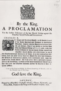 27 नवंबर, 1678 को महामहिम पवित्र व्यक्ति और सरकार के खिलाफ स्वर्गीय आतंक डिजाइन के आगे की खोज के लिए राजा द्वारा एक घोषणा द्वारा अंग्रेजी स्कूल
