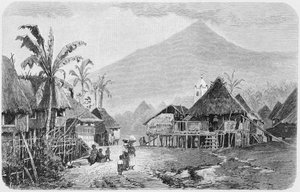 प्रो। फ्रेडरिक रेटज़ेल, 1896 (उत्कीर्णन) द्वारा &39;द हिस्ट्री ऑफ़ मैनकाइंड&39;, वॉल्यूम 1 से फिलीपींस में एक टैगाल गाँव, लूजॉन द्वारा अंग्रेजी स्कूल
