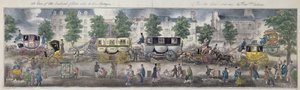 नई गाड़ियों के साथ पेरिस के बुलेवार्ड का एक दृश्य, 1828 (रंग उत्कीर्णन) द्वारा अंग्रेजी स्कूल