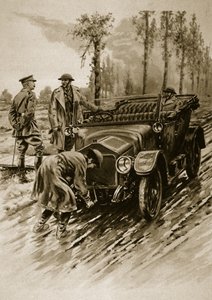 1914-19 में एक अधिकारी कार का इंजन शुरू करने वाली महिला सेना सहायक कोर का एक चौका द्वारा अंग्रेजी स्कूल