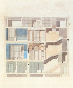 शास्त्रीय शहर के घर के इंटीरियर के लिए एक क्रॉस सेक्शन डिजाइन, c.1840 (पेन और स्याही के साथ wc) द्वारा अंग्रेजी स्कूल