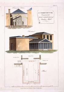 एक ग्रीनहाउस, हेंडन, मिडिलसेक्स, 1806 में रिचर्ड डिकिन्सन एसक के लिए एक नव-शास्त्रीय शैली के घर से जुड़ी गॉथिक विवरण के साथ द्वारा अंग्रेजी स्कूल