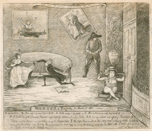 F Reynoldss burlesque Werter का एक दृश्य, पहली बार 14 मार्च 1786 को लंदन के कोवेंट गार्डन थिएटर में प्रदर्शन द्वारा अंग्रेजी स्कूल