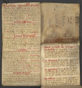 17367, पंचांग से पृष्ठ 1r, जिसमें प्रभु के अक्षरों और स्वर्णिम अंकों की तालिका है; चल पर्वों को खोजने के निर्देश; संतों का कैलेंडर, युग, अंग्रेजी शासकों की सूची, मौसम का पूर्वानुमान, राशि चक्र के संकेतों का प्रभाव (वेल्लू) द्वारा अंग्रेजी स्कूल