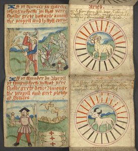 17367, f.4r मेष और वृषभ, पंचांग से, जिसमें प्रभु के अक्षरों और स्वर्णिम अंकों की तालिका है; चल पर्वों को खोजने के निर्देश; संतों का कैलेंडर, युग, अंग्रेजी शासकों की सूची, मौसम की भविष्यवाणियां, राशियों का प्रभाव द्वारा अंग्रेजी स्कूल