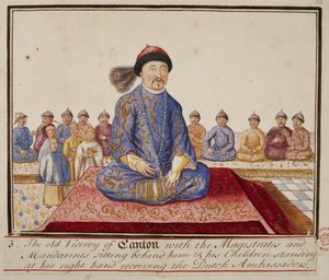 एड. 5353, पृष्ठ 65 कैंटन के वायसराय मजिस्ट्रेट और मंदारिन के साथ, उनके बच्चे उनके दाहिने हाथ पर खड़े होकर डच राजदूतों का स्वागत कर रहे हैं, #39;विभिन्न राष्ट्रों की वेशभूषा के संग्रह#39; से द्वारा अंग्रेजी स्कूल
