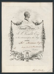 डिनर के लिए एडमिशन टिकट जॉन केम्बल्स को मनाने के लिए स्टेज से विदाई, 1819