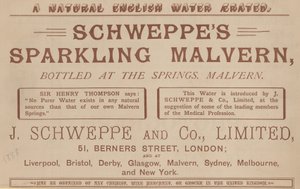 Schweppes स्पार्कलिंग मालवर्न के लिए विज्ञापन, स्प्रिंग्स पर बोतलबंद, Malvern द्वारा अंग्रेजी स्कूल
