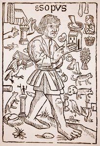Aesop, विलियम कैक्सटन द्वारा Aesops Fables के सामने का हिस्सा (c.1422-91), 1434 (सीपिया फोटो)