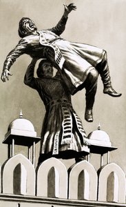 हिंदुस्तान के राजा अकबर ने हत्यारे अधम खान को महल के ऊपर से फेंक दिया (कागज पर गौचे) द्वारा अंग्रेजी स्कूल