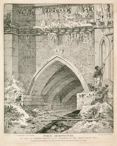 1814 में ग्रेट फ्रॉस्ट में पुराने लंदन ब्रिज का एक आर्क दिखाई दिया द्वारा अंग्रेजी स्कूल