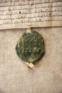 विलियम डी अल्बिनी IV, c.1267 (कागज और मोम) के लिए बनाई गई मूल महल की छवि वाली प्राचीन मुहर द्वारा अंग्रेजी स्कूल
