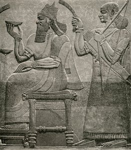 Ashur-nasir-pal II, ब्रिटिश संग्रहालय में एक आधार राहत से, जीटी बेट्टनी द्वारा द वर्ल्डस इनहेबिटेंट्स से, 1888 में प्रकाशित द्वारा अंग्रेजी स्कूल