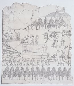 1849 में प्रकाशित ऑस्टिन हेनरी लेयार्ड (1817-94) द्वारा नीनवे और उसके अवशेष से एक स्लेज पर विंग्ड बुल को स्थानांतरित करने वाले असीरियन द्वारा अंग्रेजी स्कूल