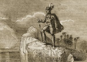 1513 में प्रशांत की बाल्बोआ की पहली दृष्टि, &39;टेल्स ऑफ ट्रैवलर्स या ए व्यू ऑफ द वर्ल्ड&39;, 1838 से प्रकाशित चित्र द्वारा अंग्रेजी स्कूल