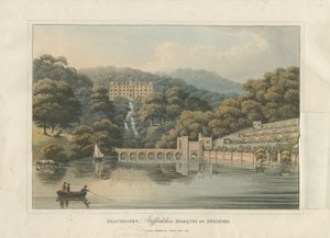 बीडेसर्ट हॉल और पार्क: रंगीन एक्वाटिंट उत्कीर्णन, 1816 द्वारा अंग्रेजी स्कूल