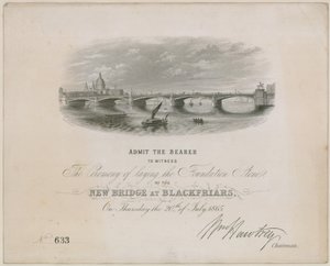 ब्लैकपर्स ब्रिज। आधारशिला रखने के लिए समारोह का निमंत्रण, 20 जुलाई 1865 द्वारा अंग्रेजी स्कूल