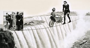 ब्लोंडिन (फ्रेंकोइस ग्रेवलेट) नियाग्रा फॉल्स के ऊपर एक पहिए के नीचे एक व्हीलब्रो को धक्का देता है द्वारा अंग्रेजी स्कूल