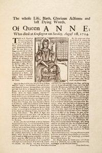 1 अगस्त 1714 रविवार को रानी ऐनी की मृत्यु पर प्रकाशित ब्रॉडसाइड (प्रिंट और वुडकट) द्वारा अंग्रेजी स्कूल