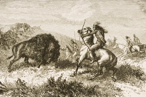 द अमेरिकन ट्रैक् स सोसायटी द्वारा 1876 में प्रकाशित &39;अमेरिकन पिक्चर्स&39; से सेंट लुइस और डेनवर के बीच महान मैदानों पर बफ़ेलो हंटिंग द्वारा अंग्रेजी स्कूल