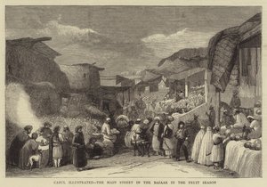 काबुल इलस्ट्रेटेड, फलों के मौसम में बाजार में मुख्य सड़क (उत्कीर्णन) द्वारा अंग्रेजी स्कूल