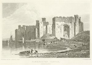Caernarvon कैसल, Caernarvonshire (उत्कीर्णन) द्वारा अंग्रेजी स्कूल