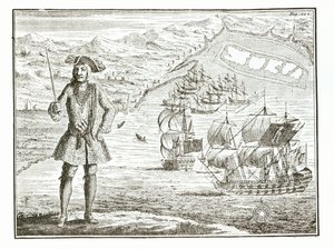 कैप्टन बार्थोलोमेव रॉबर्ट्स (1682-1722) दो जहाजों के साथ, रॉयल फॉर्च्यून और रेंजर गाइनी के तट पर व्हीडा रोड में 11 जनवरी 172 को पाल लेते हैं द्वारा अंग्रेजी स्कूल