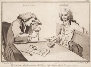 जिन पात्रों ने बटंस कॉफी हाउस को वर्ष 1720 के बारे में बताया; मार्टिन फोकस, एडिसन द्वारा अंग्रेजी स्कूल