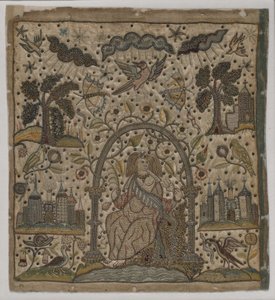 चैरिटी के नीचे चैरिटी, c.1640 (रेशम, धातु के धागे और साटन पर स्पैंगल) द्वारा अंग्रेजी स्कूल