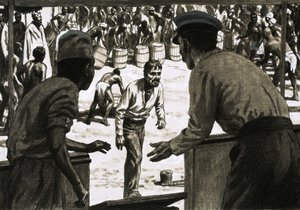 चार्ल्स ओसबोर्न और कप्तान स्टॉट ने समुद्र तट पर रम के पीपे बिछाए द्वारा अंग्रेजी स्कूल