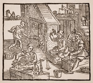 काम पर सिक्का, 1577 (सीपिया फोटो) द्वारा अंग्रेजी स्कूल