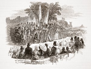 1828 में एचआरएच ड्यूक ऑफ सूज से पहले रॉयल डेनबी एवेरिडोड पर गोल्ड हार्प के लिए प्रतियोगिता (स्टील उत्कीर्णन) द्वारा अंग्रेजी स्कूल