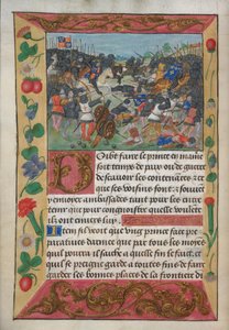 कॉटन वेस्पासियन ए xvii, f.13v, इंग्लैंड का राजा एक सफेद घोड़े पर सवार होकर, फ्रांस के भागते हुए राजा का पीछा कर रहा है, रॉबर्ट डी बाल्साक के मैनुअल ऑन वारफेयर फॉर द इंस्ट्रक्शन ऑफ़ ए प्रिंस से, c.1490s (वेल्लम) द्वारा अंग्रेजी स्कूल