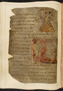 कॉटन विटेलियस ए. XV f.103v, एक पेड़ जिससे बालसम उगता है; एक डोनस्ट्रे, एक जानवर के सिर वाला आदमी, बाईं ओर एक मानव पैर और पैर पकड़े हुए, और दाईं ओर एक व्यक्ति, बियोवुल्फ़ से चित्रण, #39;नोवेल कोडेक्स#39; से (चर्मपत्र पर स्याही) द्वारा अंग्रेजी स्कूल